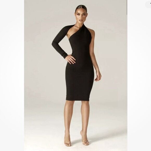 Alieva Dress Small Midi Bodycon Pencil Black Dasha Cutout One Shoulder Classic - Picture 1 of 11